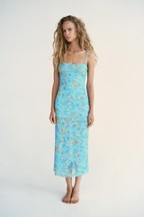 ZARA Floral Printed Tulle Lace Trim Midi Dress Blue – Size S – 5039/268