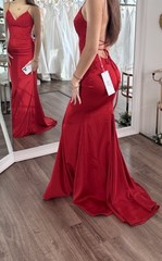 Red Satin Lace Strappy Backless Long Gown Dress V-Neck Formal Prom Sleeveless