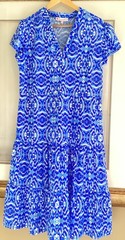 Jude Connally Relaxed Watercolor Ikat Tier Midi Dress Sz L Blue White
