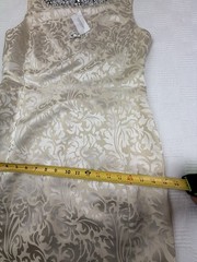 NWT BR Vintage-Inspired Womens Silk Cream Beige Dress Rhinestone Neck 8 Jacquard