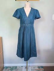 Monsoon Blue Denim Midi Dress Size S UK 8-10 Plunge V Neck Short Sleeve Pockets