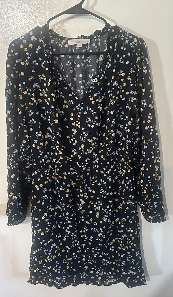 LOFT Women&rsquo;s Floral V-Neck Long Sleeve Button Ruffle Short Dress, Size M