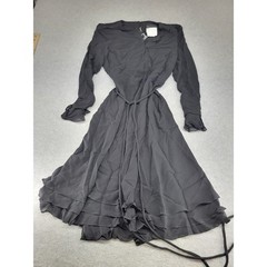 Rena Lange Black 100% Silk Layered Ruffle Dress USA 12 V-Neck Tie Waist Noir