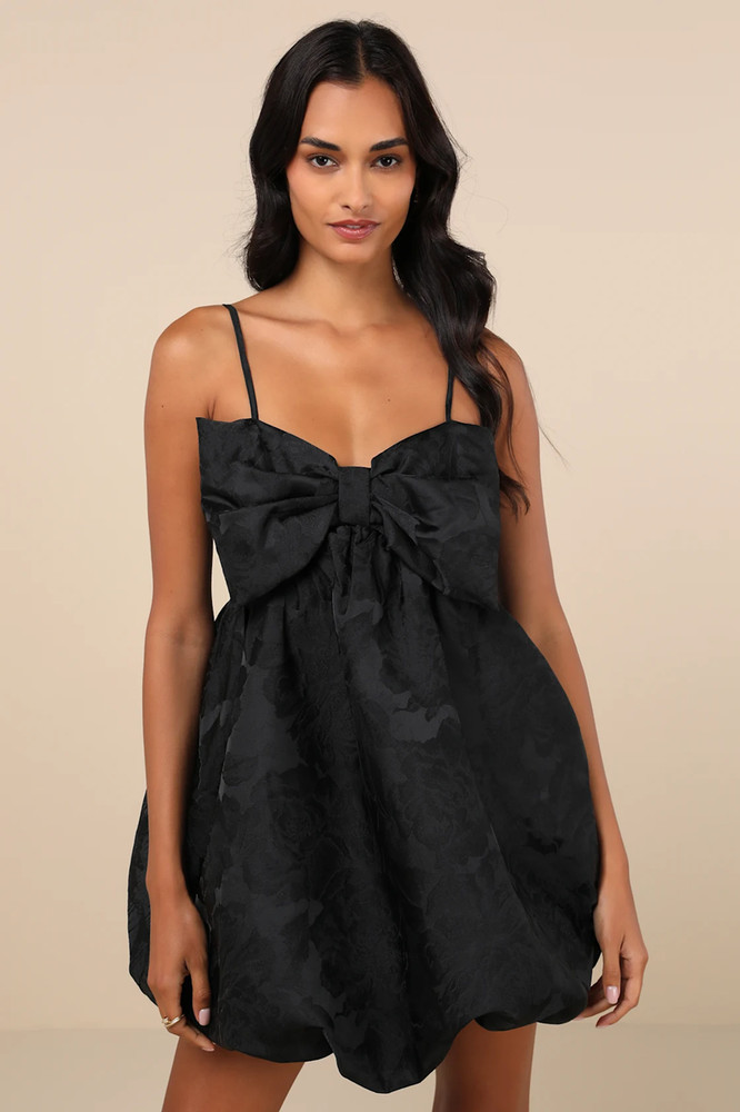 Coquettish Charm Black Bubble-Hem Bow Mini Dress With Pockets NWT