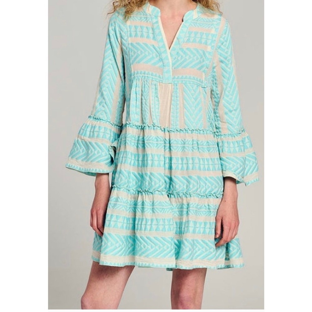 Devotion Twins Embroidered Ella Tunic Dress Size Medium B Blue Off White Boho