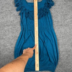Women&rsquo;s Teal Blue Knit Dress Shag Fringe Trim Smocked Boho Tunic Small