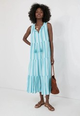 NWT Tuckernuck Aquamarine and White Sleeveless Striped Linen Maxi Dress, Sz XS