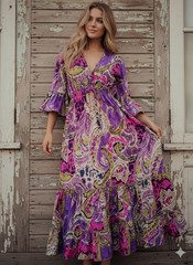 Purple Paisley Soft Maxi Dress V-Neck Bell Sleeve Tiered Cotton Gypsy Long Dress