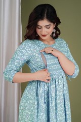 Blue Maternity Nursing Gown and Postpartum wear Kurti with side Feeding zippers