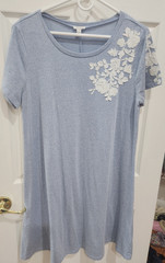 Spense Dress Light Blue W/ Blue Floral Appliqué. Sz XL, Bust 42&Prime; Length 38&Prime; EUC