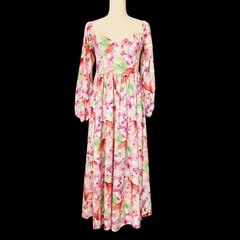 Pink Floral Sweetheart Puff Sleeve Maxi Dress Sz 6 M Boho Cottagecore Coquette