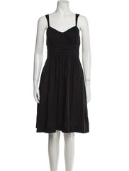VINCE Vintage Black Pleated Ruched V-Neck Cotton Poplin Sun-Dress 12 US = L VTG