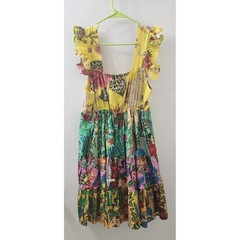 Miss G Tropical Patchwork Ruffle Tiered Midi Dress Yellow Floral Square Neck L