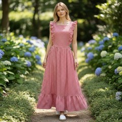 Red White Gingham Ruffle Open Back Maxi Dress Cottagecore Prairie Summer Picnic