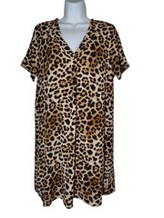 Entro Brown Leopard V-Neck Short Sleeve Knee Length Shift Dress M