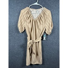Worthington Womens XS Tan Striped V-Neck Puff Sleeve Tie-Waist Dress NWT
