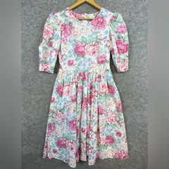 80s Vintage Handmade Floral Dress Size 10 Pink Green Cottagecore Midi Pleated