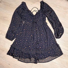 LUMIERE Navy Blue Polka Dot Lace Up Ruffle Mini Dress Womens Small S