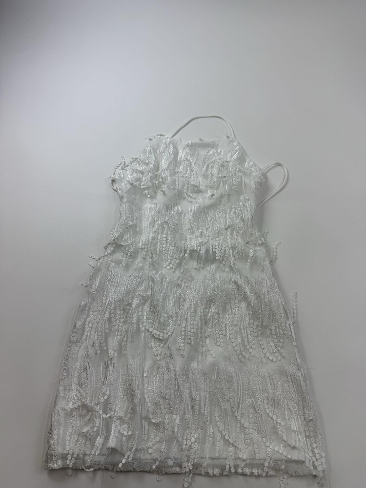 Lulus Dress Womens Medium White Sequin Fringe Bodycon Mini Spaghetti Strap Party