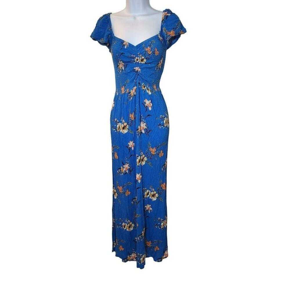 BP. Blue Floral Maxi Dress Women&rsquo;s Large Short Sleeve Boho Festival Summer Long