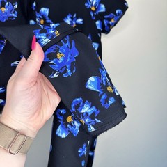 Proenza Schouler Floral Print Blue Black Tie Back Short Sleeve Mini Shift Dress