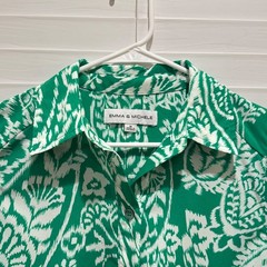 Emma & Michele Shirt Dress Women Medium Green Paisley Ikat Ruffle Pockets Tiered