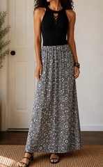 Black Halter Bodice Maxi Dress with Patterned Skirt Boho Summer Size L