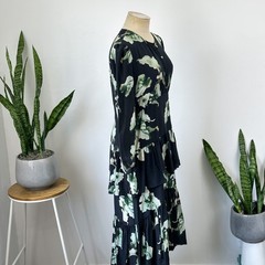 HUSK AMAZON SILK DRESS – 14 AUS – LEAF PRINT MIDI – TIERED RUFFLE BOTANICAL LUXE