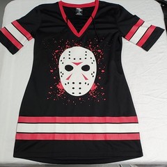 Friday the 13th T-Shirt Dress L Black Red White Jersey V-Neck Jason Graphic