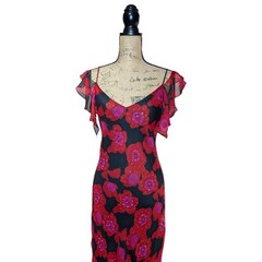 90s 100% Silk Long Bias Cut Beaded Floral Dress UK 12 (US 8 )