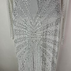 Sheer Mesh White Silver Rhinestone Long Sleeve Maxi Dress Gown Clubwear Medium