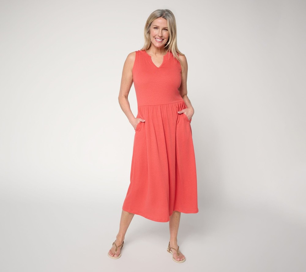 Denim & Co. Beach Regular Knit Gauze Sleeveless Midi Dress Deep Papaya M New