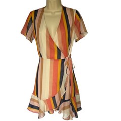 All In Favor Isabella Striped Wrap Mini Dress w/ Tie Thru – Colorful Summer – XS