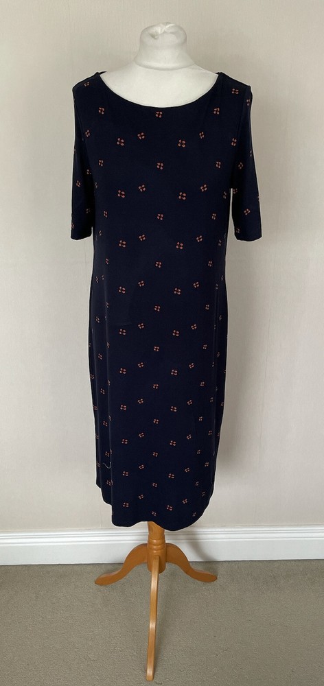 FAB Hobbs Navy Blue Orange Random Simple Floral Print Jersey Dress Size 12 VGC