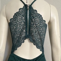 Emerald Sundae Green Ruched Lace Open Back Bodycon V-Neck Mini Dress L