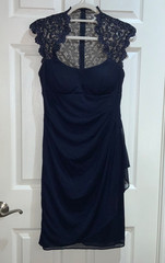 Xscape navy blue cocktail midi dress Sz 6 lace top ruched skirt