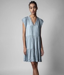 Zadig & Voltaire Rito Satin Mini Tiered Dress Women’s XS Light Blue Flowy Classy