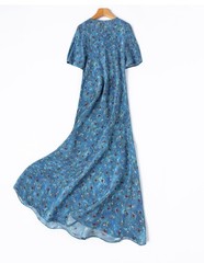 100% Mulbery Silk Blue Printed Short Sleeve Fit Type Women Midi Dress M1428