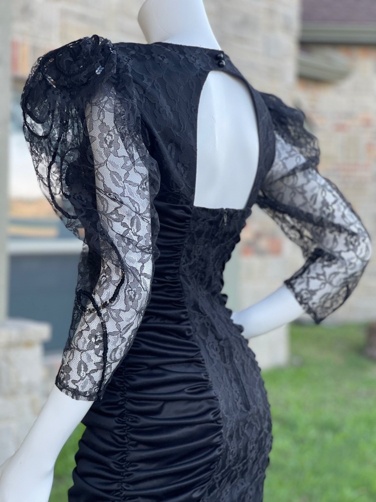 Vintage 80s Black Bodycon Cocktail Dress, Ruched Satin and Huge Puff sleeves