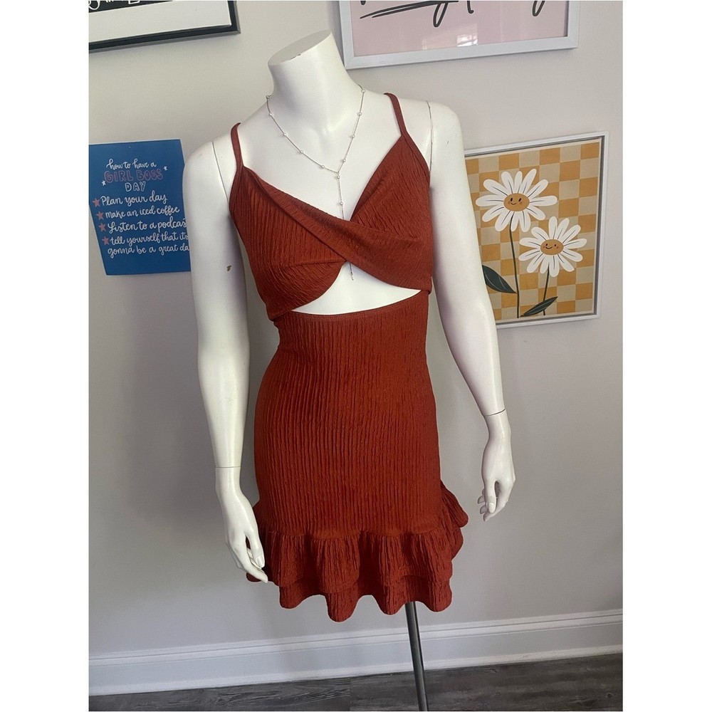 Rust Orange Twist-Front Ruffle Mini Dress