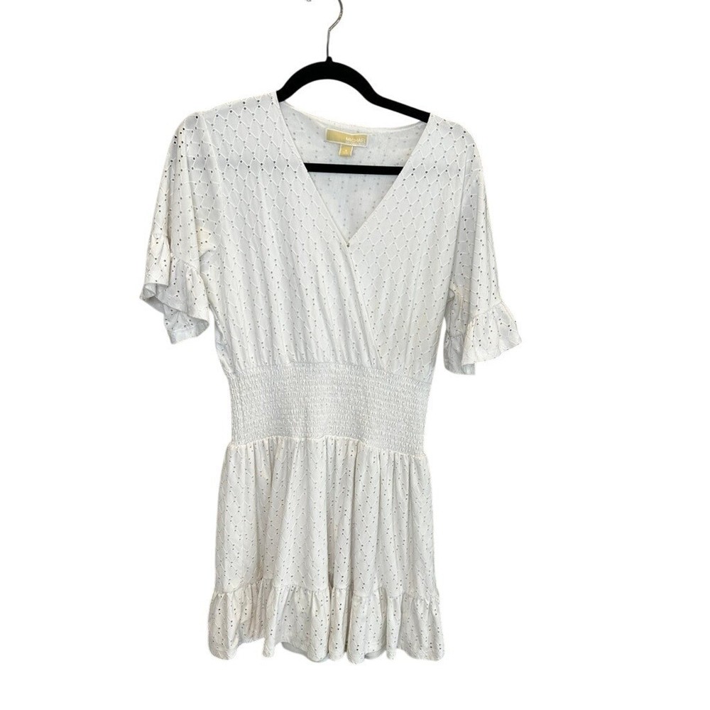 Michael Michael Kors White Eyelet Smocked Waist Ruffle Mini Dress Small