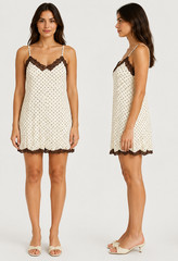 Ghanda Size S Brown Lace Trim Polka Dot Slip Dress Womens Mini Casual NWT