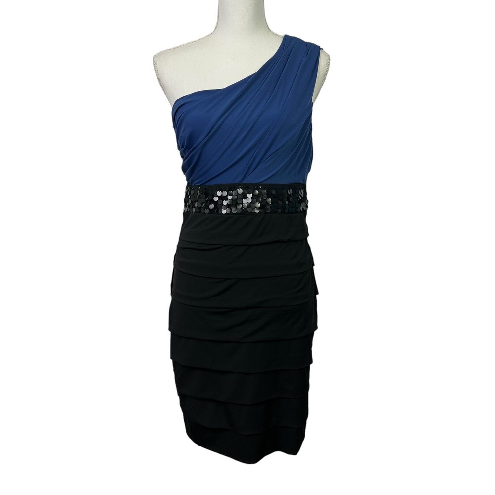 Studio Y Women’s One Shoulder Dress Sz Medium Blue/Black Sequins Side Zipper