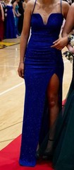 Blue Sequin Sweetheart Spaghetti Strap Long Gown Thigh Slit Formal Size S