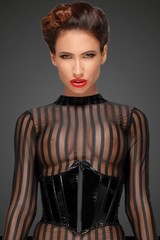 Women&rsquo;s Black Mesh Tulle Midi Dress Long Sleeve Stripe Sheer Backless Partywear