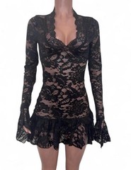 Fairy Black Lace Ruffled Micro Mini Dress M Festival Going Out See Thru Beachy