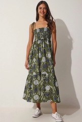 Zara Olive Green Floral Smocked Tie-Shoulder Maxi Dress size Medium