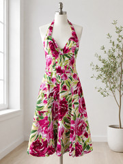 Moda International Floral Halter Dress Size 6 Pink Green Cotton Fit & Flare USA