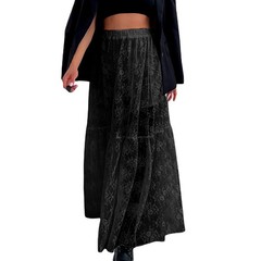 Women See-Through Lace A-Line Skirts Casual Summer Solid Color Elastic Waist Lon