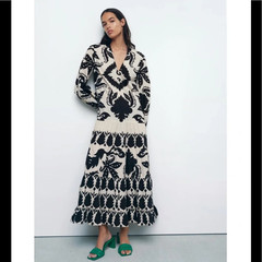 ZARA Black Ivory White Floral Maxi Ruffle Dress Puffy Sleeve Boho Art To Wear M